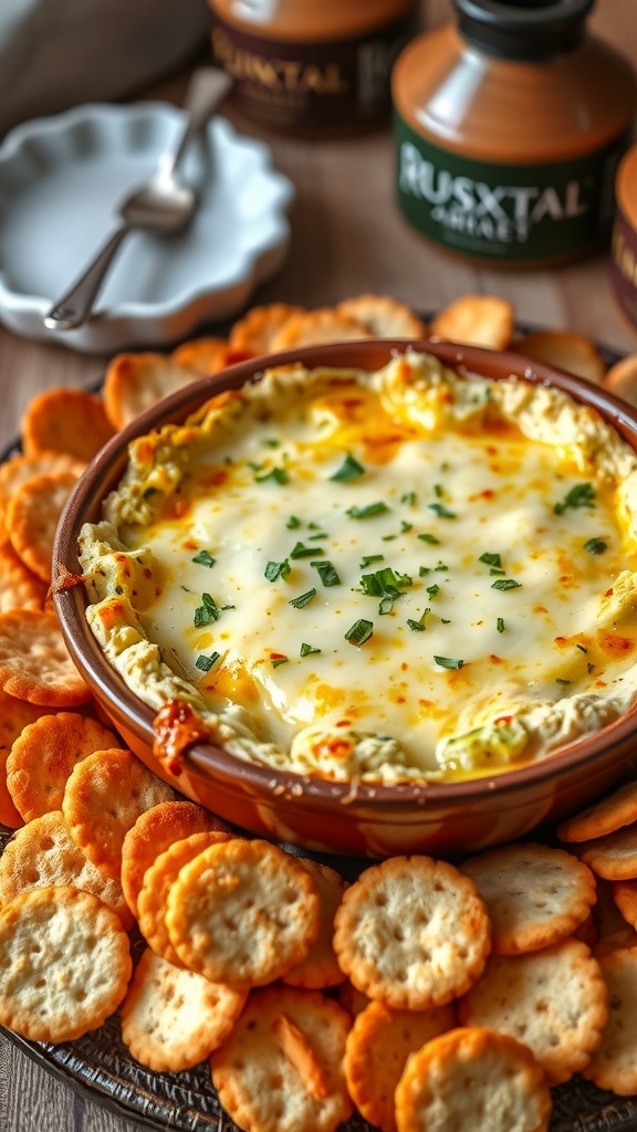 Creamy Parmesan Artichoke Dip Recipe Creamy Parmesan artichoke dip in a baking dish, garnished with parsley, served with crackers and bread.